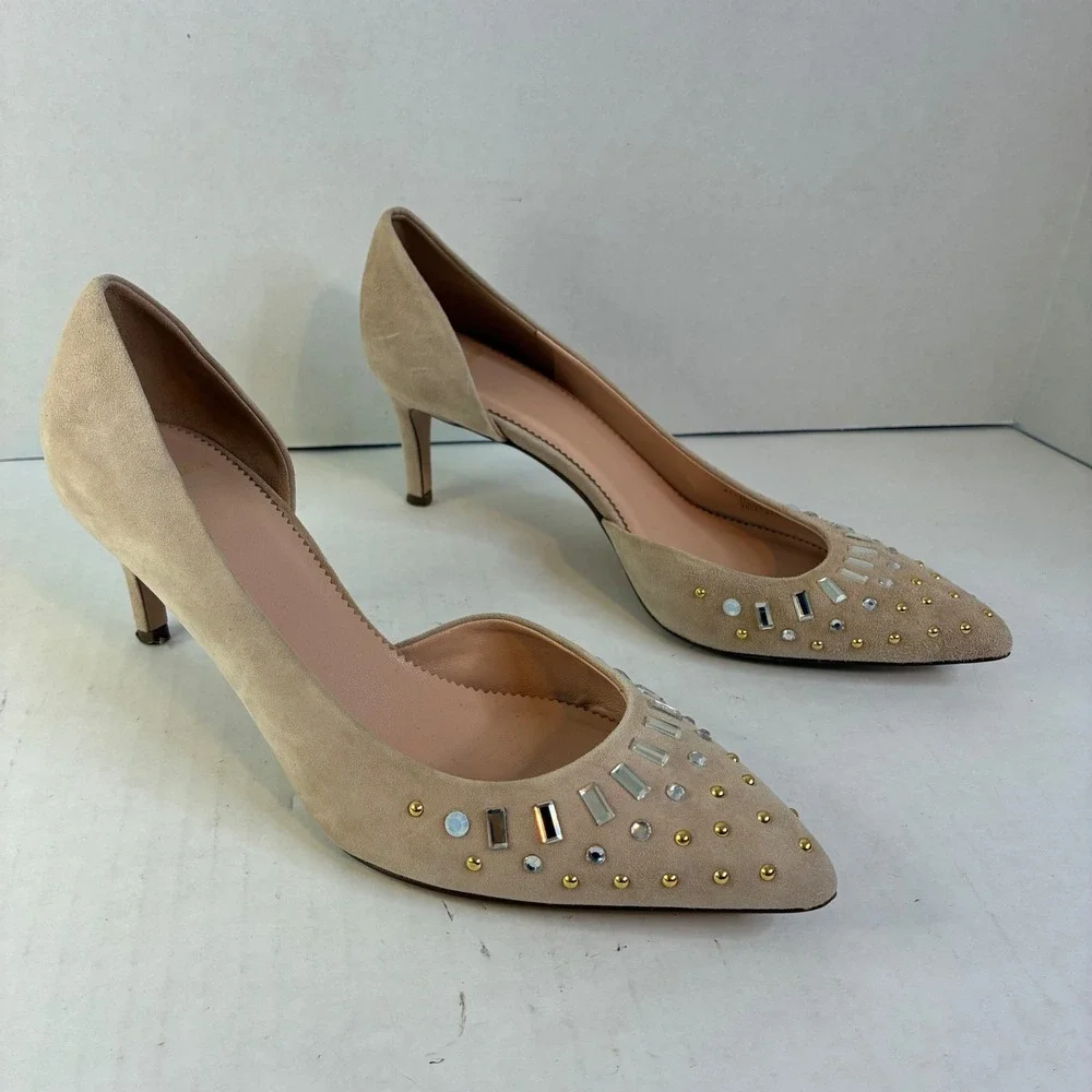 J.Crew K7887 Beige Nude Suede 7.5 Crystal Stud Leather Heels D'Orsay Pumps Italy